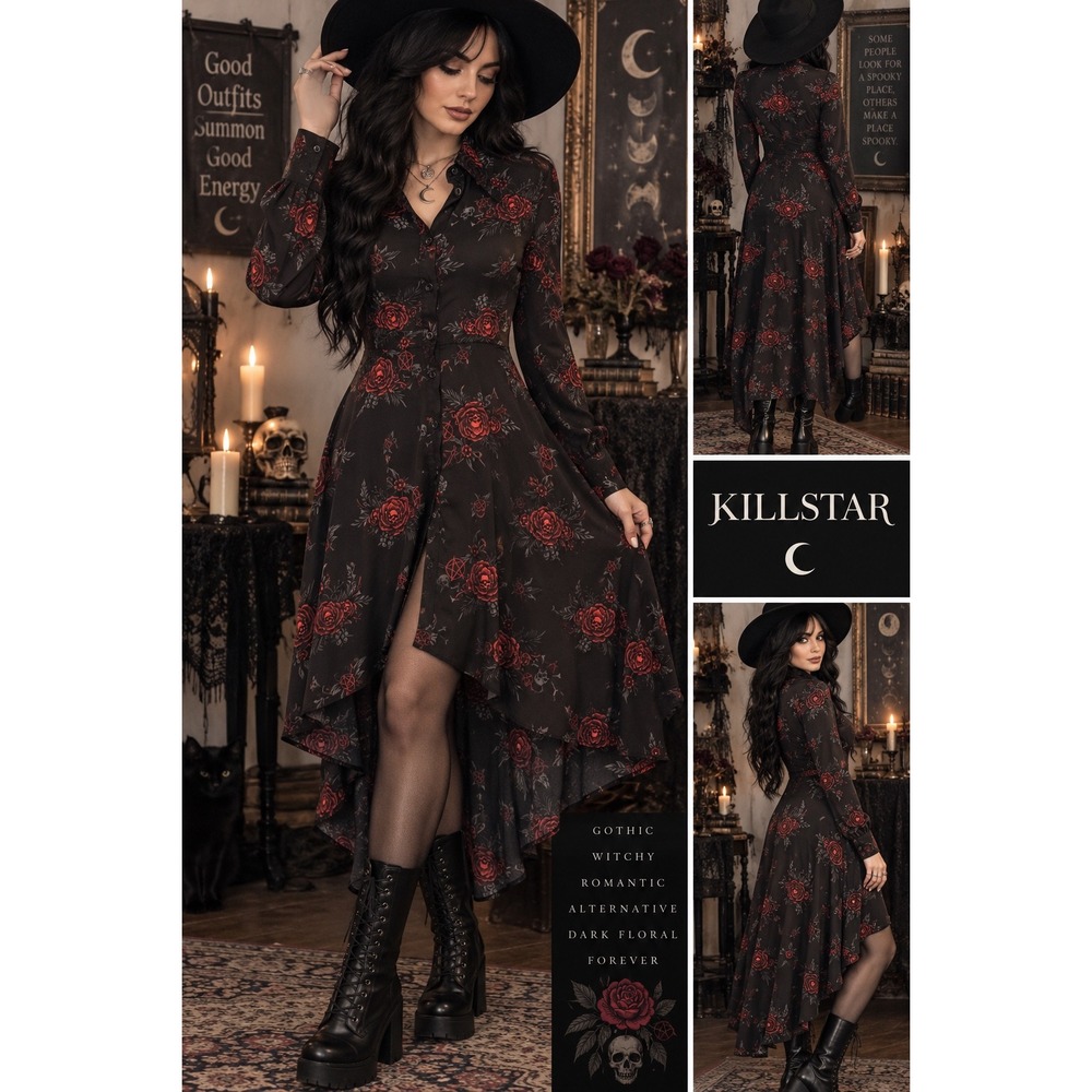 KILLSTAR Pandora Dress M Red Rose Skull Pentagram Gothic High Low Shirt Dress